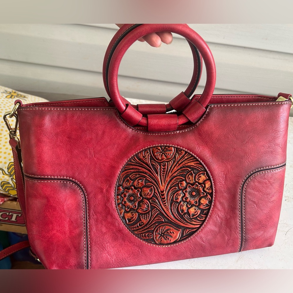 Elegant Red Floral Embossed Handbag